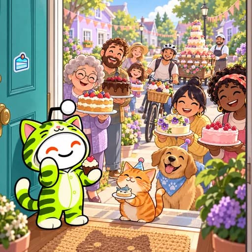At his front door, Snoo discovers an entire sunny street of neighbors holding cakes; a tiny blue cake icon on the door has prompted a block party.