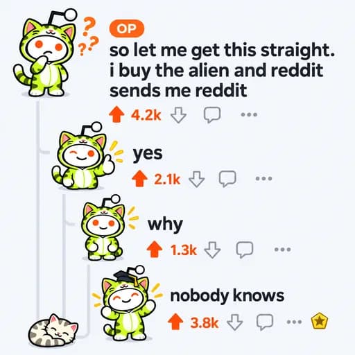 A nested Reddit thread with orange upvotes and Snoo avatars reads “so let me get this straight. i buy the alien and reddit sends me reddit”, “yes”, “why”, and “nobody knows”. The first comment has an “OP” badge; the orange karma counts are “4.2k”, “2.1k”, “1.3k”, and “3.8k”.