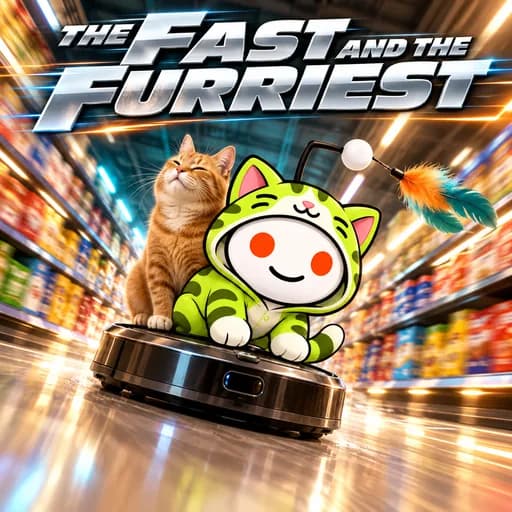 A blockbuster poster titled “THE FAST AND THE FURRIEST” shows Snoo racing a tiny robot vacuum through a supermarket aisle with a ginger cat riding behind.