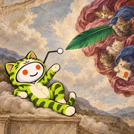 In a Sistine ceiling parody, Snoo reclines on a stone ledge and stretches his visible antenna toward a giant floating green feather, while tiny cats act as solemn cherubs.