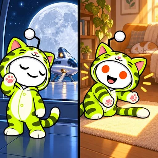 In a two-column reaction meme, Snoo politely waves past a moon-bound spaceship, then enthusiastically points both mittens at a warm rectangle of sunlight on a rug.