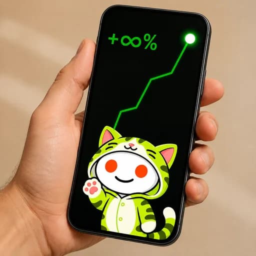 A real human hand holds a phone displaying a trading-app chart. Snoo’s antenna becomes the rising line and ends in a glowing green ball. The only readout is “+∞%”.