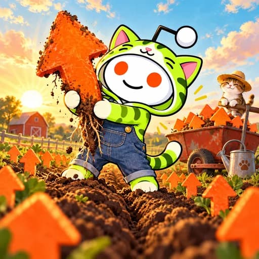 Snoo in overalls pulls an enormous orange upvote arrow out of a field of smaller upvote crops; a wheelbarrow brims with freshly harvested arrows.