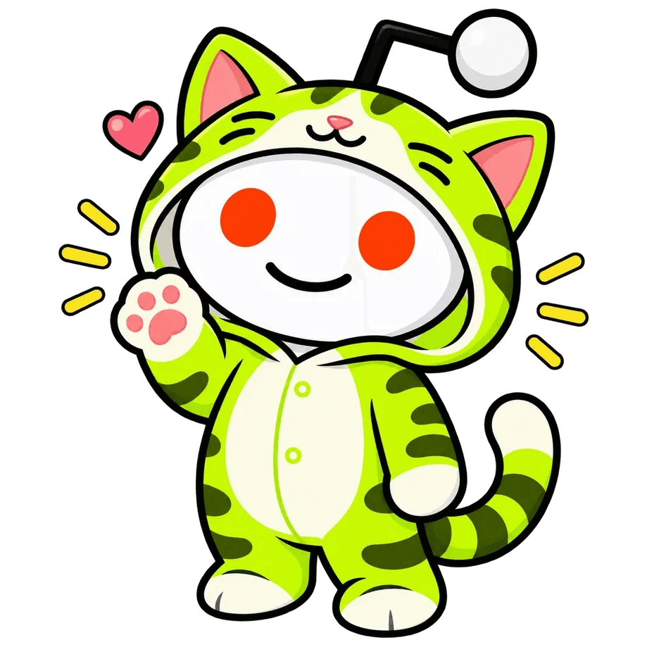 Snoo, Reddit’s alien mascot, drawn in a lime-green striped cat onesie waving one paw