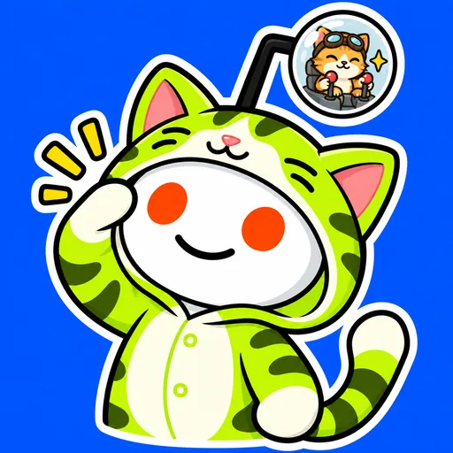 A tiny ginger kitten operates two levers inside Snoo’s transparent antenna ball while Snoo gives an eager, perfectly confident salute below.