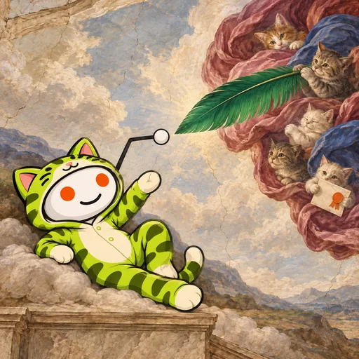 In a Sistine ceiling parody, Snoo reclines on a stone ledge and stretches his visible antenna toward a giant floating green feather, while tiny cats act as solemn cherubs.
