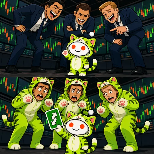 Two panels show three suited brokers laughing at tiny Snoo. In the second panel, Snoo flips a card with reverse arrows and every embarrassed human broker wears the same green cat onesie. No text is visible.