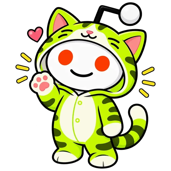 Snoo, the Reddit alien, wearing a lime-green striped cat onesie and waving a paw